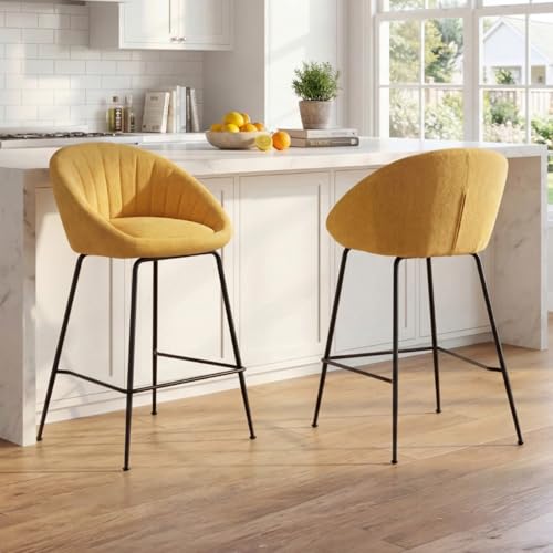 chairus Lot de 2 Tabouret de Bar en Tissu Tabourets Bar Confortable avec 4 Pieds, Chaises de Bar Moderne Chaise Haute Cuisine pour Bar/Comptoir(Jaune)