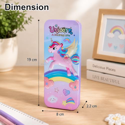 Image of WISHKEY Unicorn Pencil Box for Kids, Large Metal Pencil Case with Multiplication Table, Durable Tin Pencil Box for Girls, Cute Stationery Storage Box for School, Pen Pencil Organizer Purple