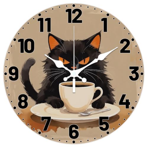CHGCRAFT Horloge Murale Ronde à Motif de Café 12(5) cm sans Tic Tac Motif Chat Noir à Piles pour Chambre Salon Cuisine Bureau