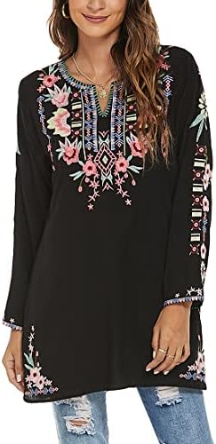 AK Women's Mexican Boho Embroidered Tops Long Sleeve Peasant Casual Loose Tunics Fall Blouse Shirts for Women (as1, Alpha, s, Regular, Regular, 367-Black)