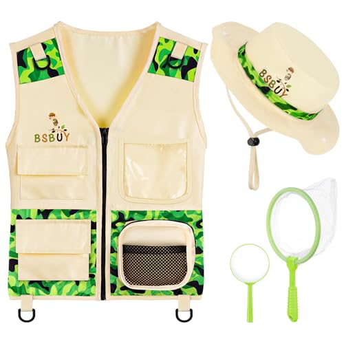 BSBUY Kid Explorer Kit Outdoor Adventure Set 4PCS Kid Explorer Costume Kit Bug Hunting Costume Hat Vest Outdoor Educational Kit Camping Adventure Dress Outfits for Role Play(Camouflage Green)