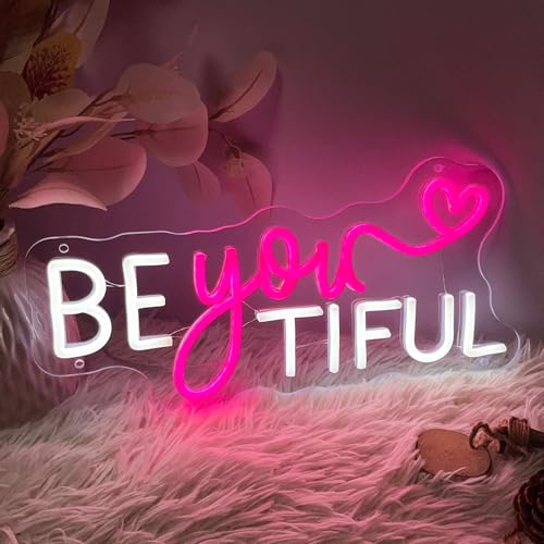 Image of Be Your Tiful Neon Sign For Spa Beauty Room Nail Brows Lashed Salon Studio LED Wall Art Decor For Business Stores Logo Barber Shops Led Word Indoor Custom Neon Lights 5V USB Pink White 40x19.6 CM
