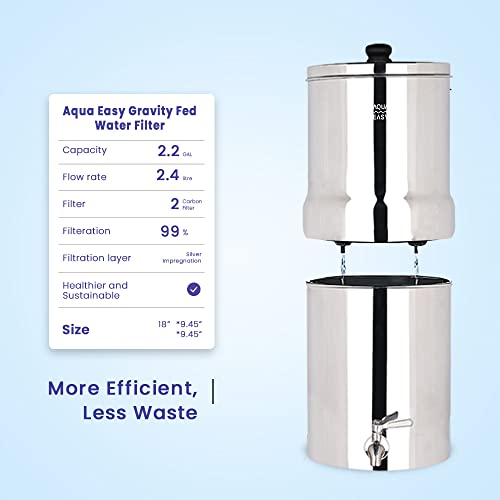 Aqua Easy Gravity Water Filter System | 304 Stainless Steel | 2X Cocunut Activated Carbon Water Filters | 2.25 Gallon | Countertop Water Filtration System For Home, Outdoor, Emergency |(Glossy) #TOP1