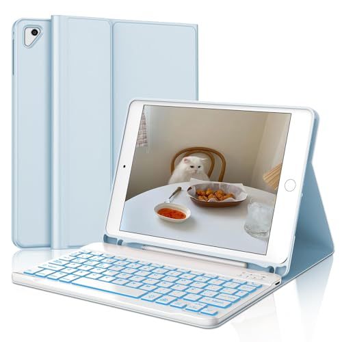IVEOPPE Teclado iPad 6 Generación 9.7", Funda Teclado Español Bluetooth Retroiluminados Wireless para iPad 6a Gen 2018 /5a Gen/Pro 9.7/ Air 2/Air 1, Azul Cielo