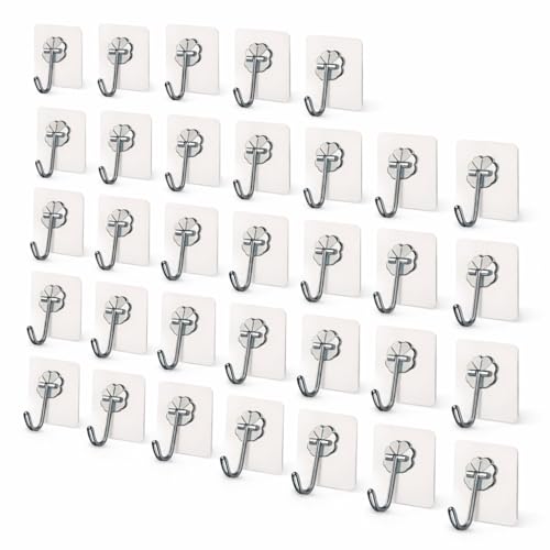 Image of CERLINK Self Adhesive Wall Hooks 40 Pack | Heavy Duty Transparent Sticky Hooks for Wall | No Drill, Waterproof, Strong Hold Hooks for Kitchen, Bathroom & Home (Pack of 40)