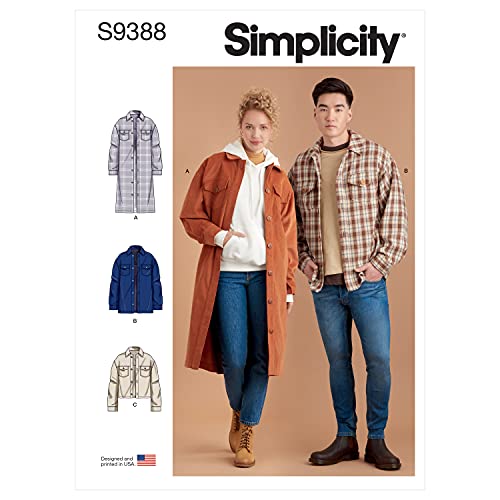 Simplicity Sewing Pattern S9388 Unisex Shirt Jackets, XXS-XS-S-M-L-XL-XXL