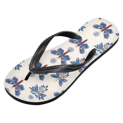 ALAZA Retro Blue Butterfly Flip Flops for Women Fashion Beach Slippers Comfort Mens Flip Flops Non-Slip Rubber Shower Slippers Sandal for Hotel Travel Sport,XS2
