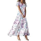 Women's Summer Dress 2025 Short Sleeve V-Neck Boho Floral Printed Flowy Swing Sundress Wedding Guest Dresses Vestidos Elegantes de Mujer para Fiesta Largos Purple XX-Large