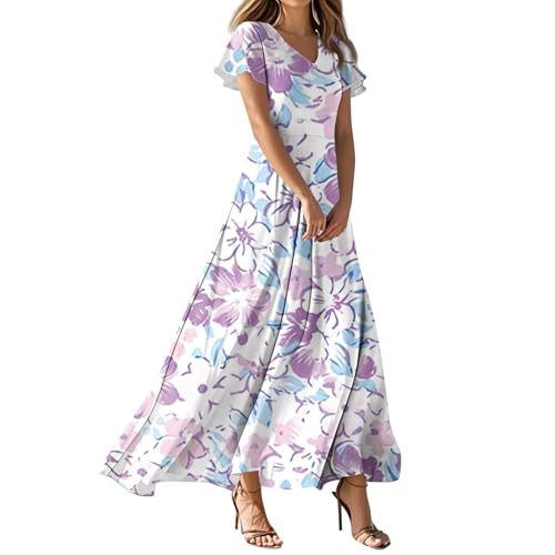 Maxi Dresses for Women 2025 Summer Floral V Neck Wrap Short Sleeve Dress Flowy Elegant Casual Wedding Guest Dresses Womens Easter Dress Fashion Clothes Summer Outfits