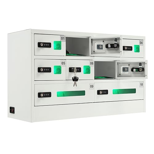 YIYIBYUS Cellphone Locker, 10-Slots Wall Mount Cellphone Charging Station 110V Cell Phone USB Charging Station Lockers with 3 in 1 Charging Port for Most Phones