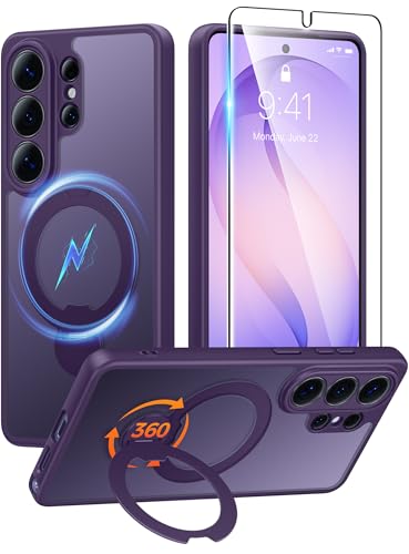 Image of FNTCASE for Samsung Galaxy S26-Ultra Case: [360 Spin Magnetic Stand] [Compatible with Magsafe] [Screen Protector] Translucent Matte Military Grade Shockproof Full Camera Protective Phone Cover -Purple