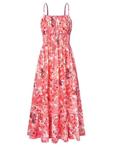 Image of GRACE KARIN Summer Dresses for Women 2026 Vacation,Smocked Floral Maxi Dresses,Boho Beach Long Sundress Pink Orange M