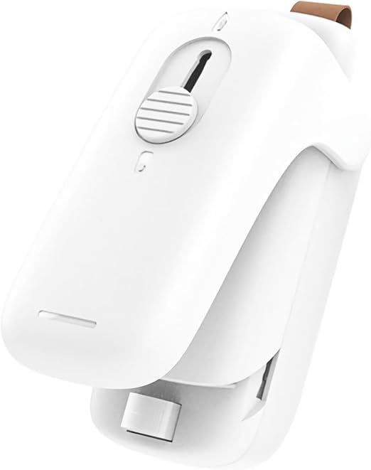 Compact Chip Bag Sealer, a 2 in 1 tool that includes a cutter for easy use. This handheld plastic heat seal vacuum sealer is perfect for sealing Mylar food storage bags in the kitchen.
