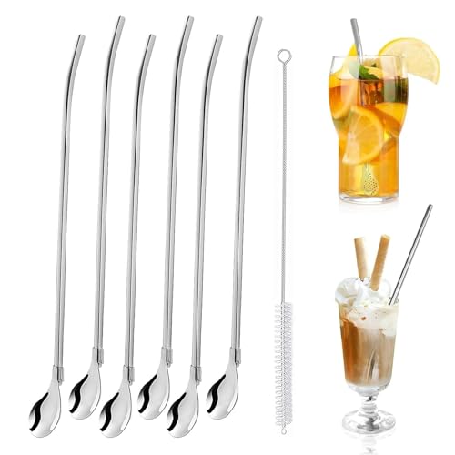 6 Stück Edelstahl Trinkhalme löffel, Wiederverwendbare für Smoothies, Milchshakes, Cocktail, Kaffee, mit 2 Stück Strohhalm Reinigungsbürste