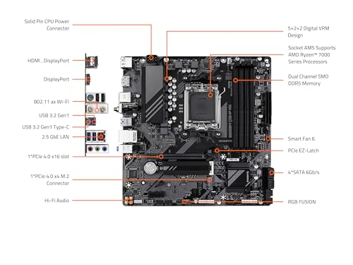 Image of GIGABYTE B650M D3HP AX (rev. 1.0) AMD AM5 mATX Motherboard, Support Ryzen 9000 /8000 /7000 Series, DDR5, 5+2+2 Power Phase, 2X M.2, PCIe 4.0, USB-C 3.2 Gen 1, WIFI6E, 2.5 GbE, EZ-Latch, Q-Flash Plus