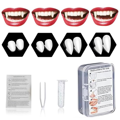 ROMANVIC 4 pares de dentes de vampiro, 4 tamanhos, dentes de vampiro para dramatização, inclui 1 tubo de gel dentado, adequado para dramatizações, acessórios, Halloween, demônios e bruxas