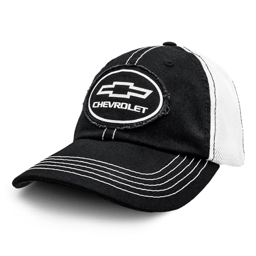 Tee Luv Chevy Bow Tie Logo Patch Hat | Vintage Trucker Style Hat | Licensed Chevrolet Design,Black, White
