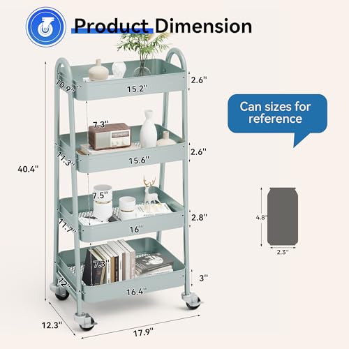 Image of OLIXIS Metal 4 Tiers Utility Rolling Cart, Mobile Storage Shelf with Lockable Caster Wheels, Organization for Livingroom, Bathroom, Kitchen, & Narrow Places, 4-Tier Green