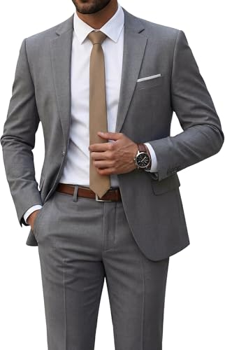 YND Men's 2 Piece Suit with Tie, One Button Slim Fit Solid Jacket and Pants Set, Suits for Men Prom Party Wedding & Business, Light Grey