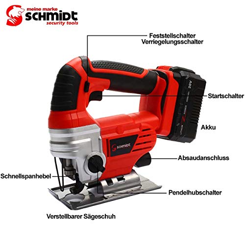 SCHMIDT security tools Akku-Stichsäge JS-19 Pendelhubstichsäge 4 Stufen, Akku 20V 4.0Ah Ladegerät Sägeblatt Holz Metall – Bild 4