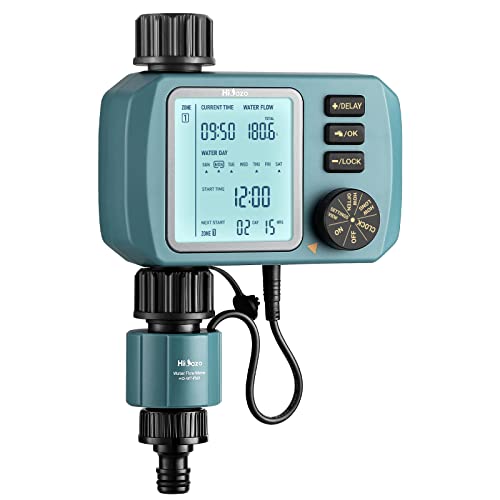 HiOazo Temporizador de riego automático para jardín, con caudalimetro Agua, Retraso por Lluvia intensa, Riego Manual, Temporizador de riego con Pantalla LCD Grande, para césped, Patio, Piscina