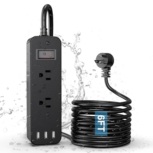 Outdoor Waterproof Power Strip with 2 Outlets 3 USB Ports 6FT Flat Plug Extension Cord Surge Protector Mountable for Garden Bathroom Kitchen Black