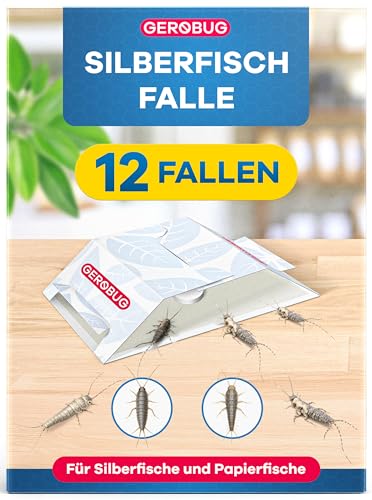 Gerobug Silberfischfalle 12 Stück mit giftfreiem Lockmittel zur Befallskontrolle in Allen Wohnräumen - Bonus-Guide zum Silberfische bekämpfen - Alternative zu Silberfisch Köderdose