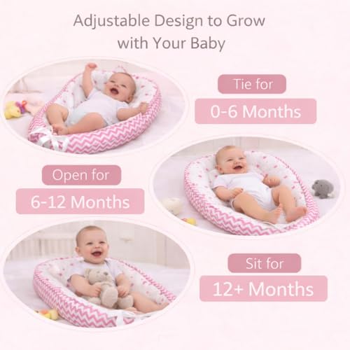 Image of Aila+Aiden Baby Lounger | Organic Cotton Infant Lounger | Reversible, Adjustable & Portable Floor Lounger | Supervised Use | Soft, Breathable, Washable Cover - Star Collection (Pink)
