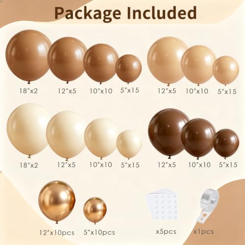 Image of Brown Balloons Garland Arch Kit, Gold,Neutral Brown,Sand White,144 pcs | Coffee Balloons for Birthday Bear themed Baby Shower Wedding Party Decorations