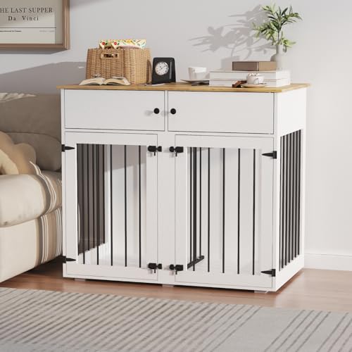 HXBOAUVS Large Dog Crate Furniture, 41 Inch Dog Kennel Indoor with Removable Divider & Double Doors, Wooden Dog Crates for 2 Dogs, Dog Crate Table for Large/Medium Dogs, White