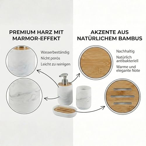 Kook Time Badezimmer Set 3-teilig - Seifenspender mit Pumpe aus Zinklegierung, Zahnputzbecher und Seifenschale - Polyresin Weiß Marmor-Optik und Bambus - Modernes Badzubehör Rostfrei