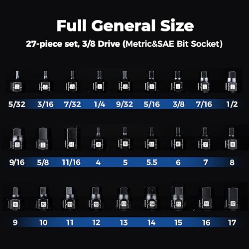 Image of toolant 3 /8 inchdrive impact hex bit socket set 27PCS,Hex Drive, SAE /Metric, 5 /32 inch-11 /16 inch,4mm-17mm, S2 Steel Air Drive Allen Socket set,Impact Grade,Anti-Roll Design