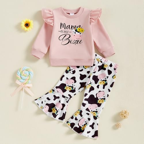 Toddler Baby Girl Farm Clothes Ruffle Long Sleeve Sweatshirt Cow Print Flare Pants Mama's Little Bestie Outfit Spring2