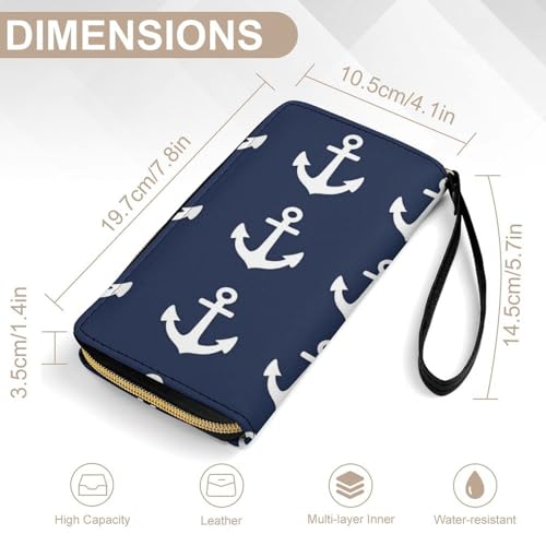 Long PU Zipper Wallet With Rope, Travel Purse Fashion Design, Huge Storage Capacity Wallet, Cute Decor Purse For Men And Women Nautical Anchor Navy2