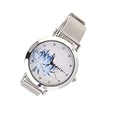 Reloj de Cuarzo con Pulsera de Malla con Diamantes de Inmitación Relojes con Correa de Acero Inoxidable con Flores Azul para Mujer Proumy