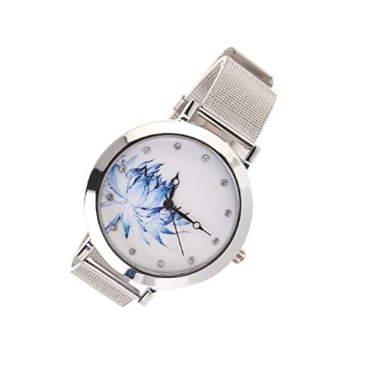 Reloj de Cuarzo con Pulsera de Malla con Diamantes de Inmitación Relojes con Correa de Acero Inoxidable con Flores Azul para Mujer Proumy
