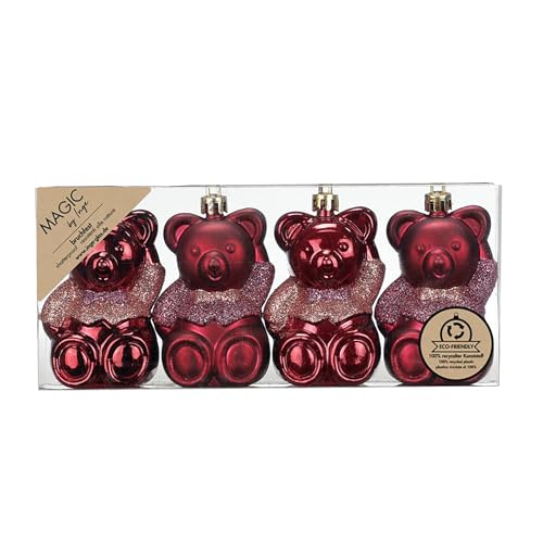 Inge-glas Christbaumschmuck Teddybären 8cm Kunststoff 4er Set - bruchsicher & mit Glitzer - Christbaumkugeln für Weihnachtsbaum - Weihnachtsbaumkugeln & Weihnachtsbaumschmuck Weinrot - Bordeaux Red