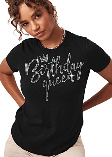 Birthday Tee Shirts for Women - Rhinestone Glam Birthday Queen T-Shirt - Birthday Party Gift for Women - Medium - Black Tee(GlmQueen RS) Blk/MD