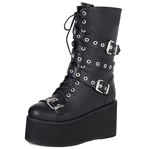 Womens Platform Mid Calf Combat Boots Winter Lace Up Wedge Heel Studded Goth Punk Buckle Motorcycle Knee High Boots