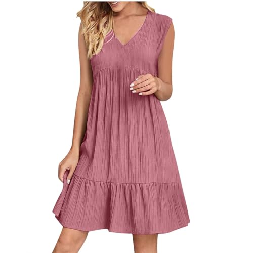 Oyuchga Vestido de verano para mujer, de verano, cuello en V, sin mangas, vestido de blusa, elegante, monocolor, vestido informal ligero y aireado, vestido holgado, con volantes, dobladillo, vestido