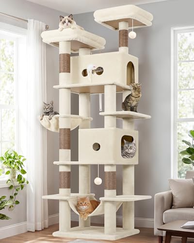 Globlazer Kratzbaum Beige XXL für 3-5 Große Katzen hoch 204cm mit 2 Große Katzenhaus 50*30*30CM, 2 Plattform, Hängematte, Korb, Katzespielzeug, Stabil Katzenbaum für Schwere Katzen Innen (S80B, Beige)