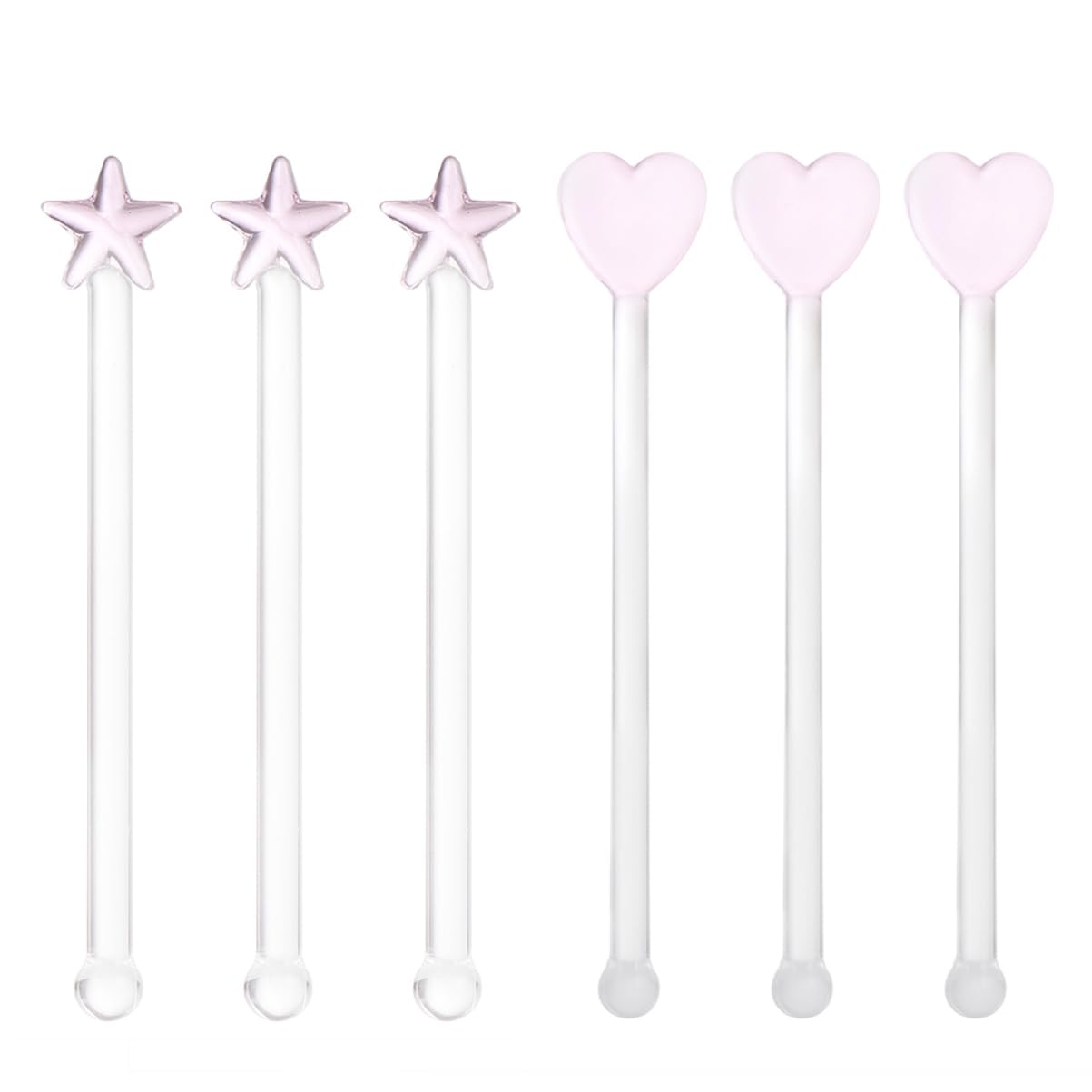 Unomor 6Pcs Decorative Transparent Glass Stirring Sticks Unique Drink Stirrers for Cocktail and Party Use Adorable Design with Stars and Hearts