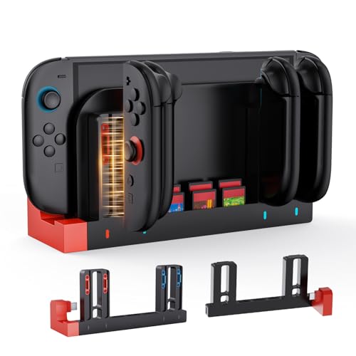 LONGYI Stazione di Ricarica Switch 2 con 4 Slot per Controller e 6 Memorie di Gioco, Supporto di Ricarica Magnetico con Connessione Diretta Alla Console per Switch 2 Joycon, Docking Station