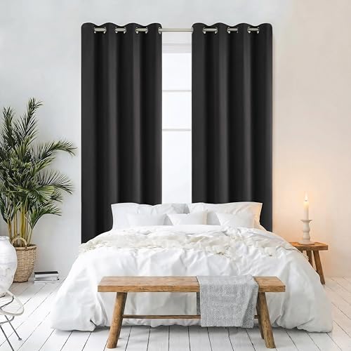 Cozyor Praktisches Set ohne Bohren: 2X Vorhang + 1x Klemmstange Silber 111-200 cm + 2X Raffhalter mit Magnet Blickdicht & verdunkelnd, als Raumteiler, Fenster & Tür Schwarz Thermovorhang 220x135cm