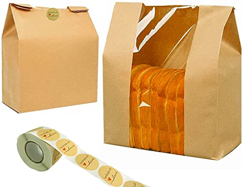 100 Pack Kraft Paper Bread Bags for Homemade Bread Large Loaf Bag with Clear Front Window 14  x 8.3  x 3.5  500pcs Homemade with Love sticker, Food Packaging Storage Popcorn Cookie Treat Bakery Bag