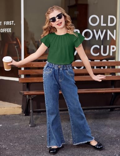Image of Arshiner Girls T Shirts Ruffle Short Sleeve Summer Pleated Crewneck Casual Tops Tees Blouses