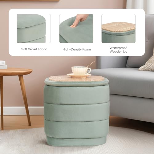 Image of 15 inch Velvet Storage Ottoman with Tray, Foldable Square Ottoman Footrest with Reversible Wood Lid, Collapsible Storage Footstool for Bedroom, Living Room, Dorm, Sage Green
