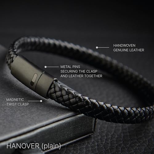 Forge & Foundry Men's Genuine Interwoven Leather Braided Bracelet with Matte Black Custom Engraved Stainless Steel Clasp | “Hanover” | Artist Collaboration Design3