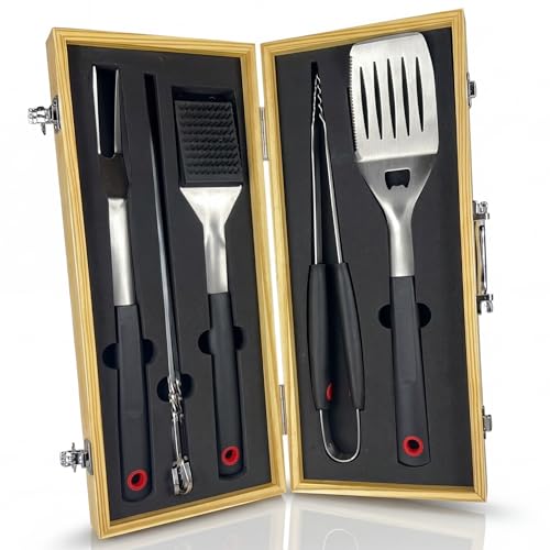 Grillset für Männer Geschenk – Grillbesteck Set aus Edelstahl - 3-in-1 Spachtel & Reinigungsbürste – Ideales Grill Set Männer Geschenk, Grill Geschenke für Männer (Ohne Grillkoffer) (Mit Holzkoffer)
