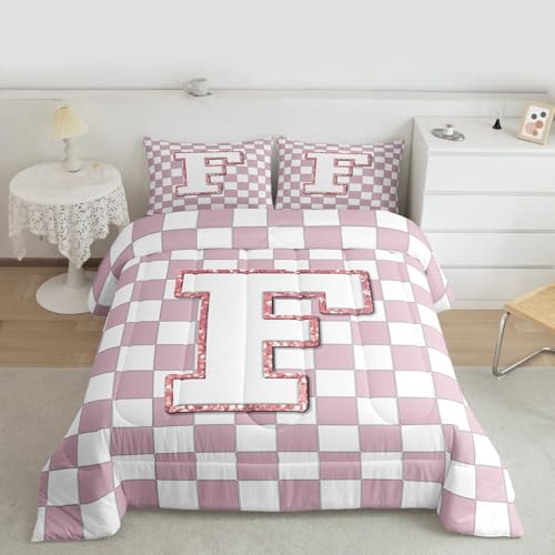 Image of Erosebridal Pink Initial F Bedding Set King Kawaii Plaid Checkered Comforter Set for Kids Girls Teen Women Cute Personalized Monogram Down Comforter,Fashion Grids Gingham Quilt Duvet